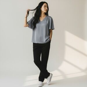 MOTF Slate Blue V-Neck Pleated Shoulder Blouse